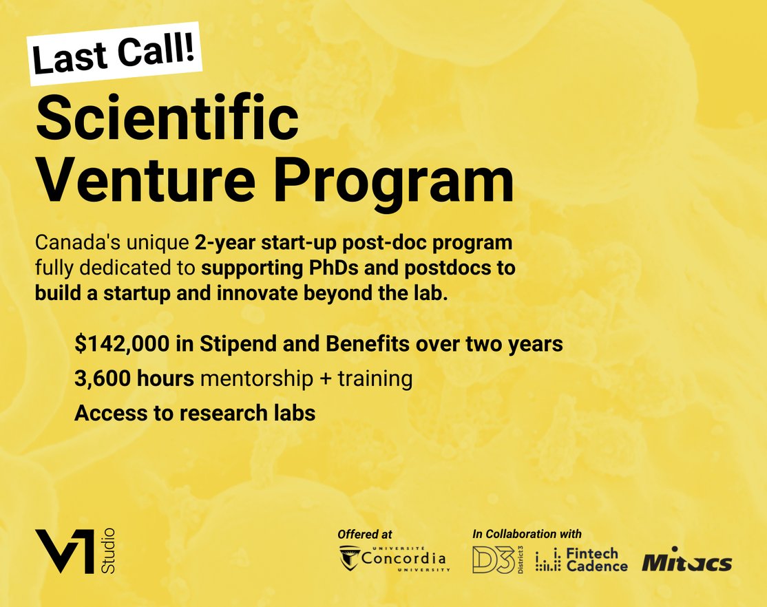WeAreMilieux's tweet photo. @v1studio_ are extending their application deadline to July 10th for the Scientific Venture Program which will start in the Fall.

Apply at https://t.co/Q6UVakmku6

#Innovation #LetsInnovate #Startup #GradStudies #ScienceCareers #PhD #Masters #Industry #Government #Academia https://t.co/JLNjOrRNm9