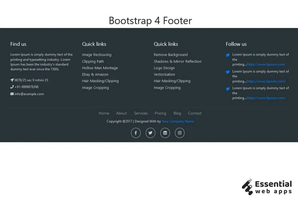 essentialwa's tweet image. 🔗buff.ly/3A8F8PI
💥Bootstrap 4 Footer
💥how to create responsive footer in bootstrap
#Wordpress #Elementortutorial #BootstrapCollection #javascript #ReactJS #UI #Bloggers #blogpost #responsivewebsite #CSS #csstricks #FrontEnd #webdesign #CodeNewbies @essentialwa