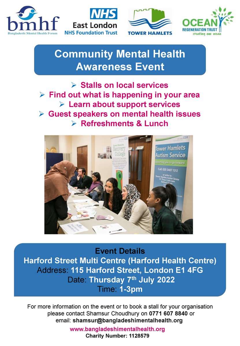 Bangladeshi Mental Health Forum (BMHF) (@mentalforum) on Twitter photo Dear all, our event is taking place this Thursday, please help to promote widely in Tower Hamlets. <a href="/NHS_ELFT/">East London NHS Foundation Trust (ELFT)</a> @TheCarersCentre @THCHousing <a href="/OceanRegenTrust/">Ocean Regeneration Trust</a> <a href="/THHomes/">THH</a> <a href="/thevents/">Tower Hamlets Events</a> Dear all, our event is taking place this Thursday, please help to promote widely in Tower Hamlets. <a href="/NHS_ELFT/">East London NHS Foundation Trust (ELFT)</a> @TheCarersCentre @THCHousing <a href="/OceanRegenTrust/">Ocean Regeneration Trust</a> <a href="/THHomes/">THH</a> <a href="/thevents/">Tower Hamlets Events</a>