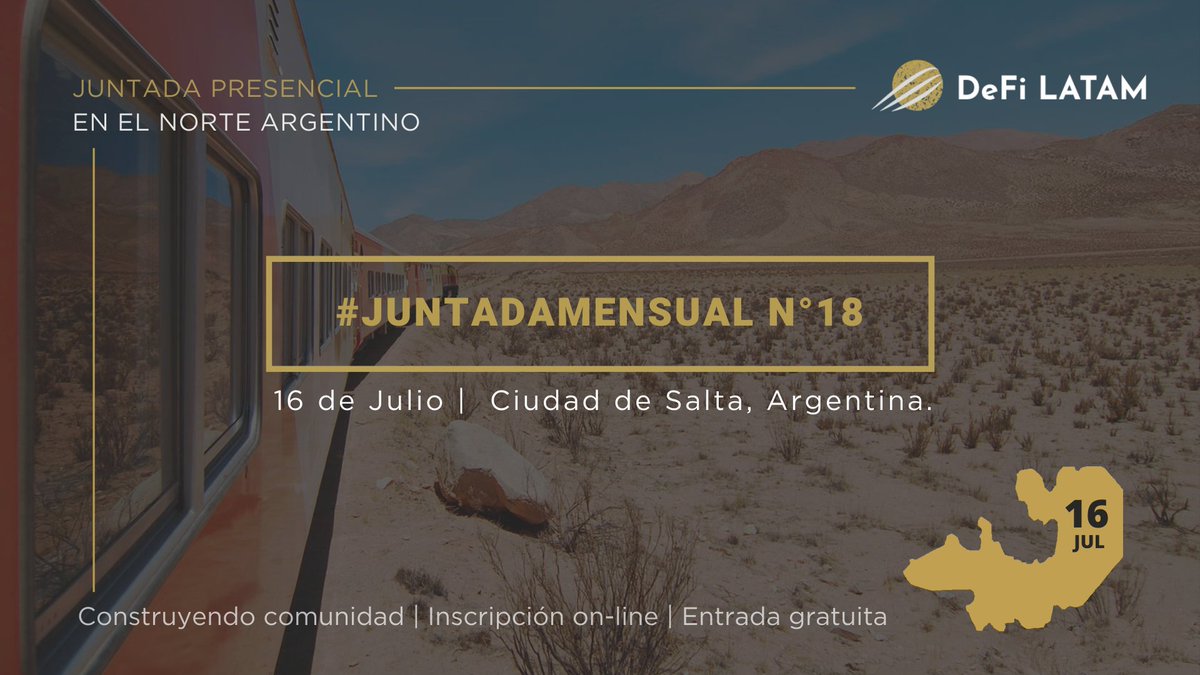 ¿Agendaste la fecha? Sábado 16 de julio 📆

@DeFi_LATAM viaja a Salta 🌵

Más federal, más comunidad ✨
 
Inscripción on-line 👇
meetup.com/es/defilatam/e…