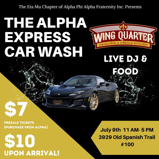 Need a wash? Come kick it at Wing Quarter with Eta Mu on July 9th! The Express Car Wash will run from 11 AM to 5 PM. Purchase a presale from your favorite Alpha; you don’t want to miss out! 🚗 🧼