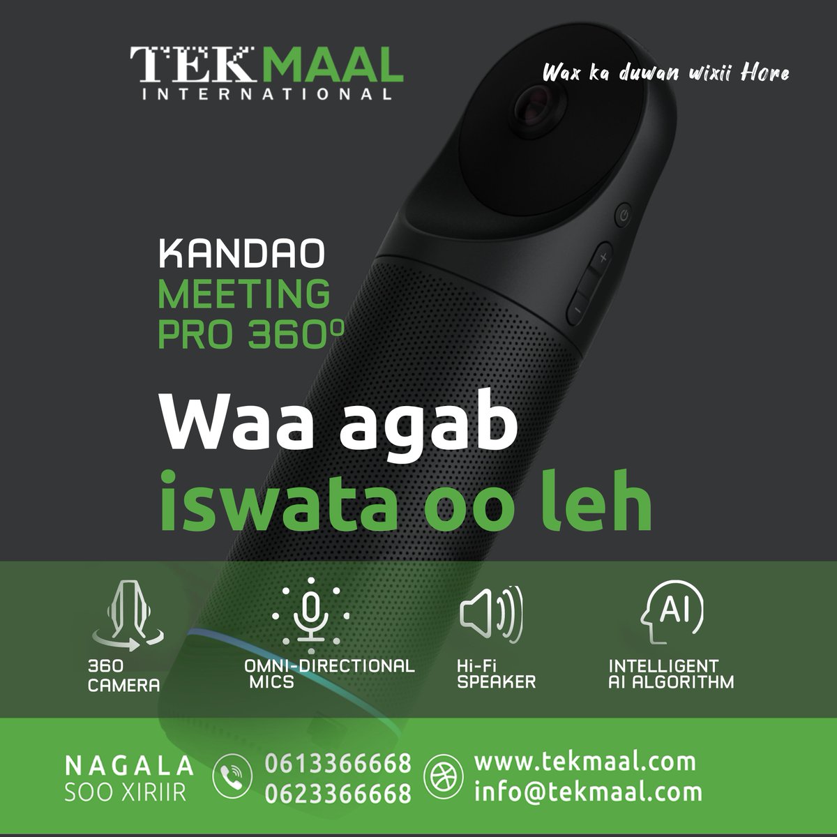 TekMaal's tweet photo. Kandao Meeting Pro is an AI-based 360° video conferencing device, which equipped with 360-degree lens, Omni-directional audio system, Hi-Fi Speaker, and built-in android system.  
Exclusive from @TekMaal  in Somalia 

Apply for the Demo , and get it now
0613366668 https://t.co/UREqZbeCPf