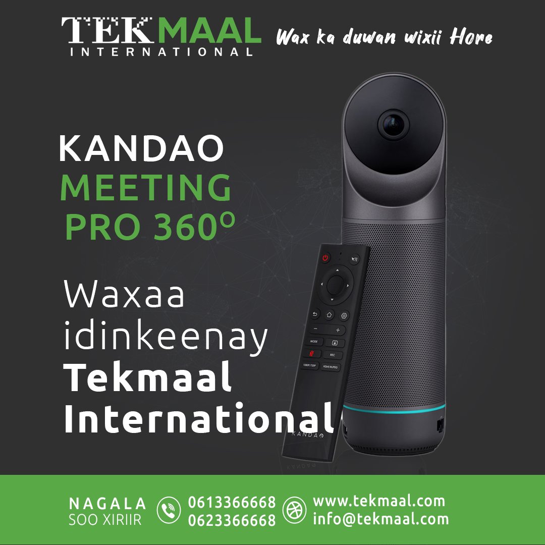 TekMaal's tweet photo. Kandao Meeting Pro is an AI-based 360° video conferencing device, which equipped with 360-degree lens, Omni-directional audio system, Hi-Fi Speaker, and built-in android system.  
Exclusive from @TekMaal  in Somalia 

Apply for the Demo , and get it now
0613366668 https://t.co/UREqZbeCPf