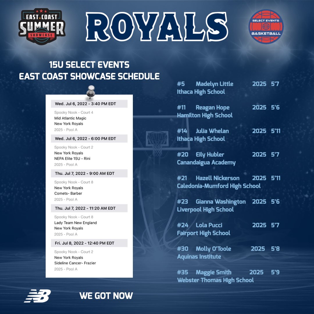 syracuseroyals's tweet photo. 17U, 16U &amp; 15U Rosters &amp; Schedules for @SelectEventsBB East Coast Showcase 7/6-7/8. 👑🏀 #RoyalFamily https://t.co/NHhHSJQs0S