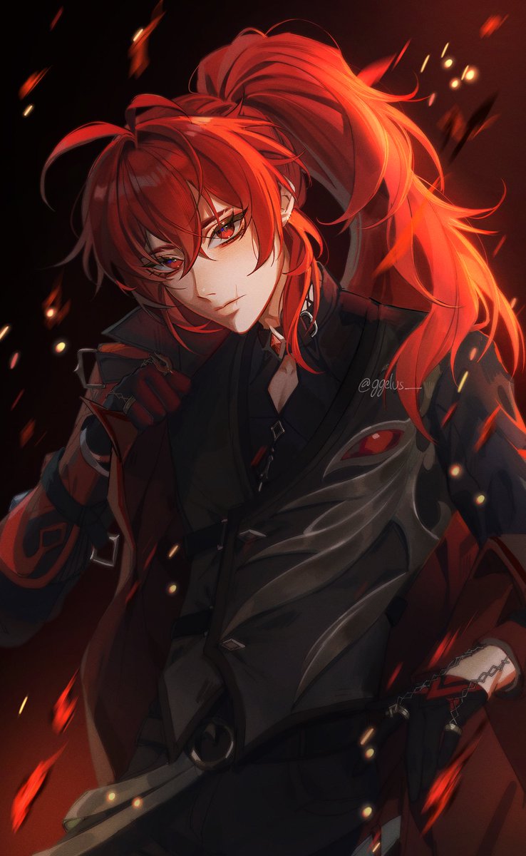 diluc (genshin impact) 1boy red hair red eyes male focus long hair solo ponytail  illustration images