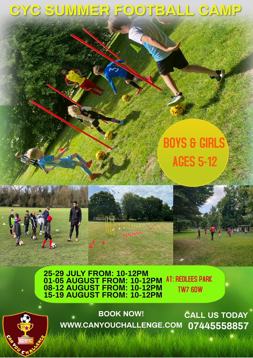 canyouchallenge's tweet photo. CYC Summer Football Camp 

At Redlees Park, TW7 6DW

Benefits:

-Football coaching
-Life skills coaching
-Improving fitness
-Meet new friends.
-Fun activities

#footballcamp #lifeskills #fitnessmotivation #funactivities #rolemodel #canyouchallenge11 https://t.co/gJX2HTB48c