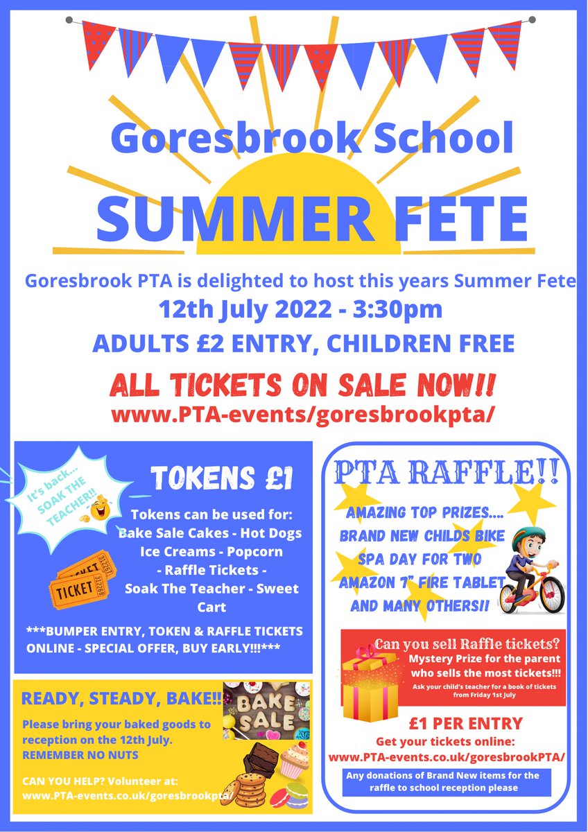 Get your summer fete tickets now!! We still need volunteers and donations for next week. Buy tickets and volunteer at PTA-events.co.uk/goresbrookpta/