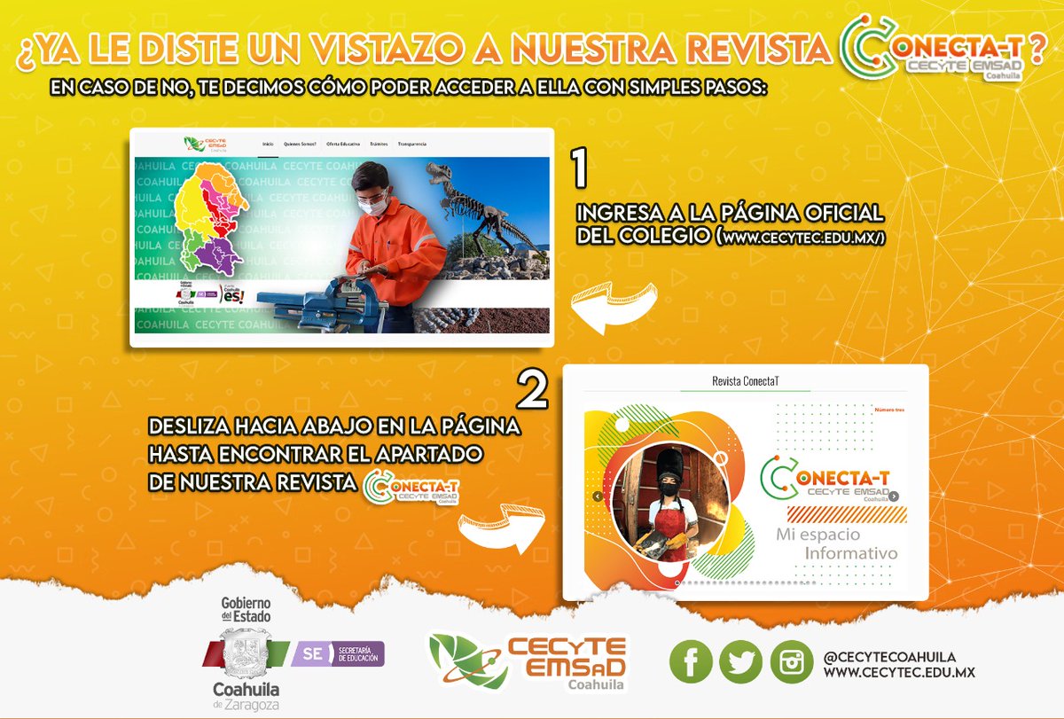¡Ya salió la nueva edición de nuestra revista digital Conécta-T! Ingresa al siguiente enlace y disfrútala: 
cecytec.edu.mx #SomosCecyte #Coahuila #CalidadEducativa