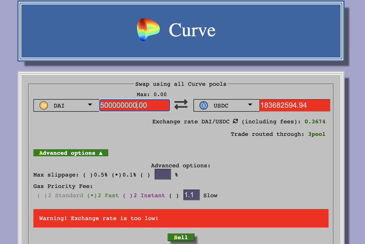 Insane liquidity in Uniswap v3 DAI/USDC $500m trades in either direction  only create ~0.1% price impact Efficiency on display as well (TVL across  the two main DAI/USDC pools is ~$1.3b) Cool to