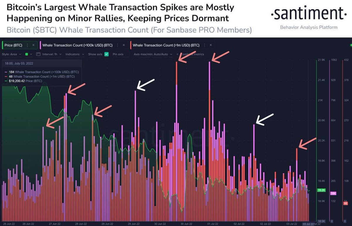 GisellaPen's tweet photo. ⚡️ Santiment

  🐳 The vast majority of the biggest spikes in Bitcoin whale trading last week occurred after a small $100-$200 price rally. On every transaction over $100,000 or $1 million, the price drops after a brief rise. https://t.co/FLEpmy7MYZ