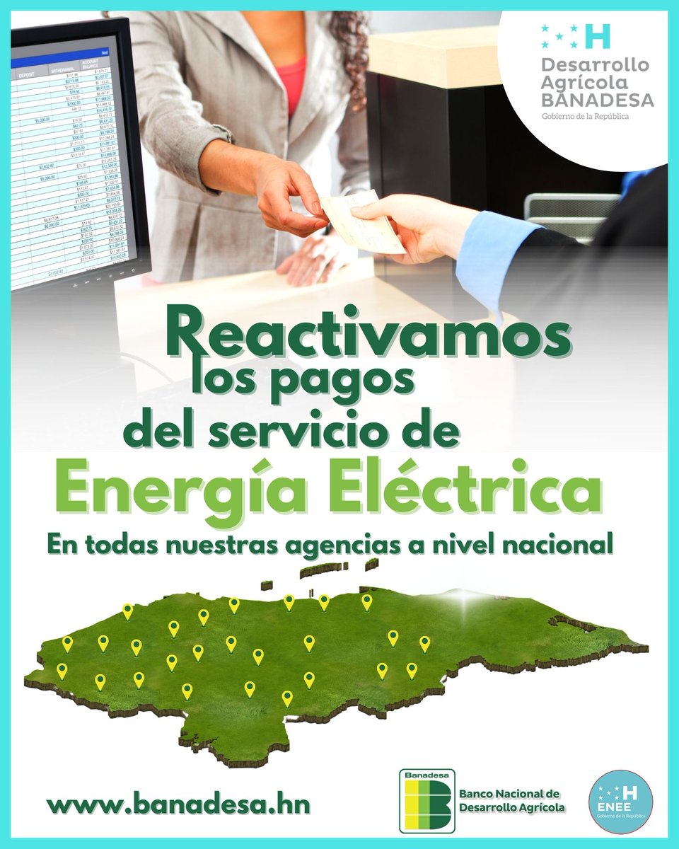 banadesa's tweet photo. ¡Ahora puede pagar su factura de energía eléctrica con nosotros!
Desde hoy 04 de julio de 2022, reactivamos los pagos del servicio de energía eléctrica en todas nuestras agencias. Las 30 sucursales a nivel nacional, están autorizadas para recibir los pagos por este servicio. 💡🔌 https://t.co/1aqsR0TK1u