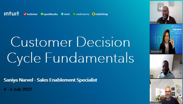 Facilitating a 3 day Customer Decision Cycle workshop for new hires. Basic fundamentals is to be customer centric and provide high value customer conversation Training is focused on how to match solutions to customer's business needs by creating value #intuit #poweringprosperity