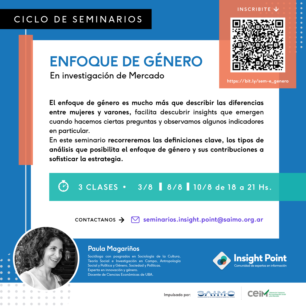 Saimo_org's tweet photo. Desde Insight Point, espacio impulsado por #CEIM y #SAIMO seguimos avanzando con nuestro primer ciclo de seminarios de actualización en Investigación de Mercados.
El 03 de agosto comenzará “Enfoque de Género en investigación de mercado" dictado por Paula Magariños ⬇ https://t.co/R9TAxH9ynP