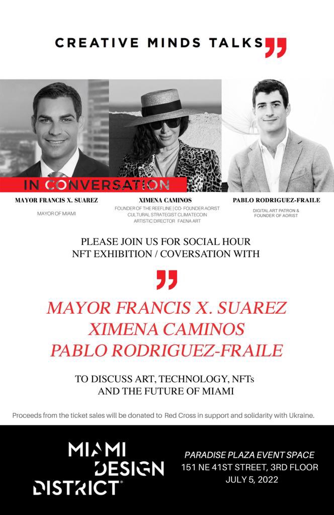 Pablo (@pablorfraile) on Twitter photo Honored to share the stage with the great leader and Mayor of Miami <a href="/FrancisSuarez/">Mayor Francis Suarez</a> and the queen of culture <a href="/xcaminos/">Ximena Caminos</a>. 2 people I deeply admire
Join us tomorrow for a great conversation around digital art and how Miami is poised to lead the stage
#creativemindstalks <a href="/AoristArt/">Aorist</a> Honored to share the stage with the great leader and Mayor of Miami <a href="/FrancisSuarez/">Mayor Francis Suarez</a> and the queen of culture <a href="/xcaminos/">Ximena Caminos</a>. 2 people I deeply admire
Join us tomorrow for a great conversation around digital art and how Miami is poised to lead the stage
#creativemindstalks <a href="/AoristArt/">Aorist</a>