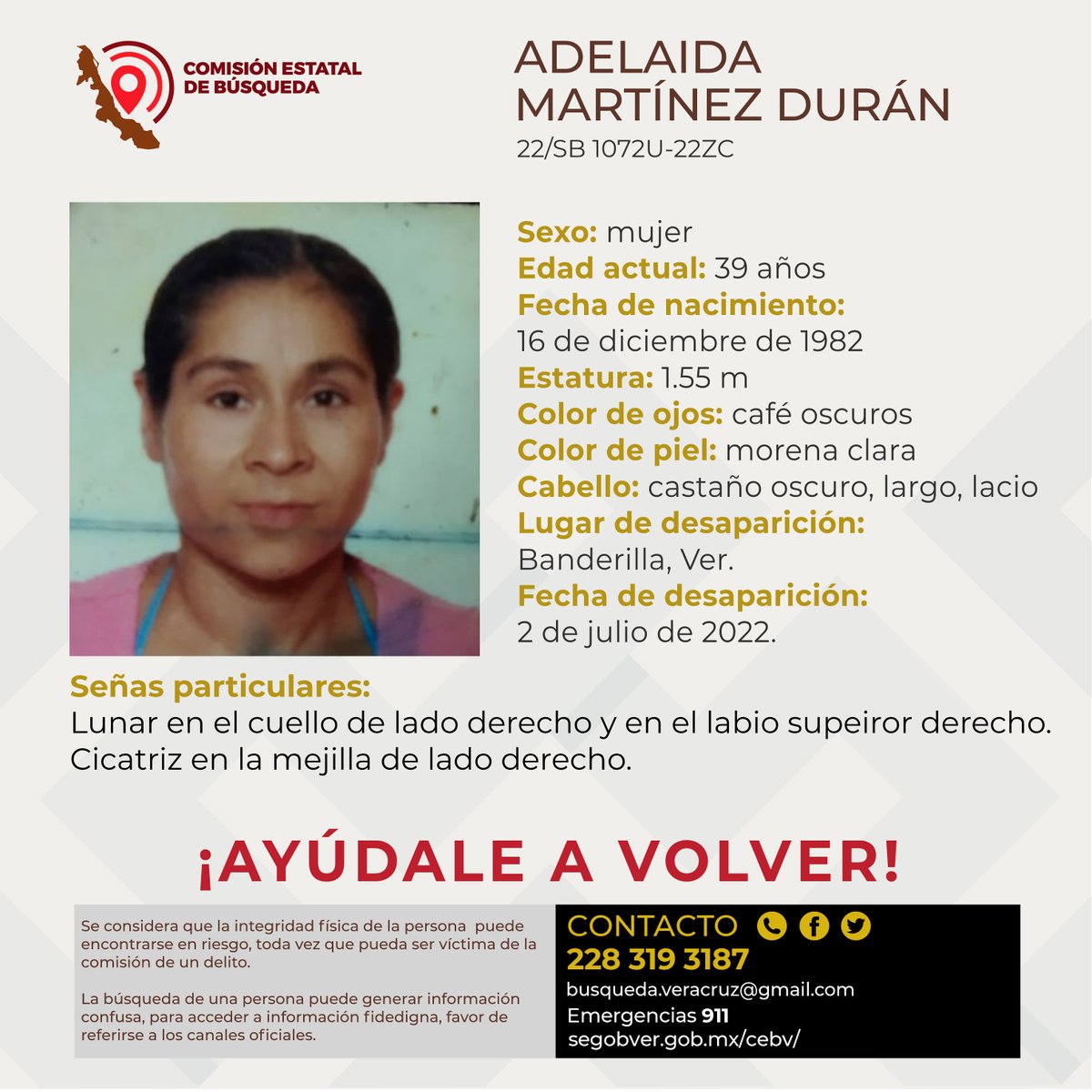 cebver's tweet photo. Solicitamos su colaboración para localizar a la C. Adelaida Martínez Durán, cualquier información contactar al número y/o correo que aparece al margen de este boletín.
#Banderilla #Xalapa #Veracruz 
@botDesaparecidx https://t.co/O2KCIfY1AG