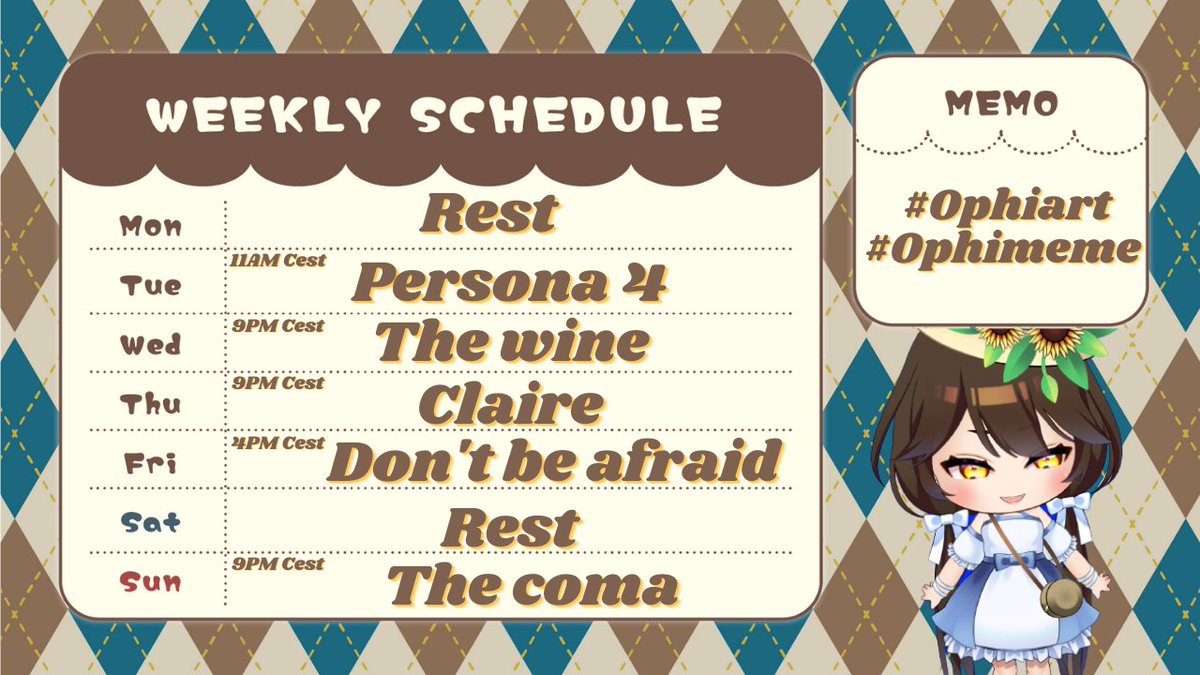 IiiOphilia's tweet photo. This weeks schedule! Alot of horror games :D
Art: #Ophiart
Meme: #Ophimeme
You can find me down below:
YT: https://t.co/9p8OU1ixxb
Discord: https://t.co/Z8tXaLJZUy
Throne: https://t.co/MR1w9q0Qr9
Lore: https://t.co/Smiwmp6lG5 https://t.co/EvyzHOIIxb