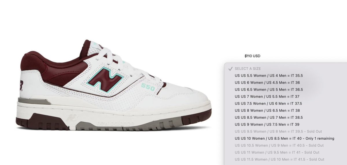 SOLELINKS's tweet photo. Ad: New Balance 550 'White/Burgundy' small sizes via SSENSE => https://t.co/ntOSUqbkZe https://t.co/CyAdsxigky