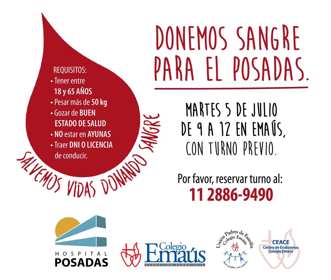 CEACEMAUS's tweet photo. El martes 5 de julio de 9 a 12, se realizará en Emaús una jornada de donación de sangre para el Hospital Posadas.
Todos los interesados en sumarse a este gesto solidario, pueden reservar turno al: 11 2886-9490. ¡Muchas gracias! https://t.co/k97BqSqvzI