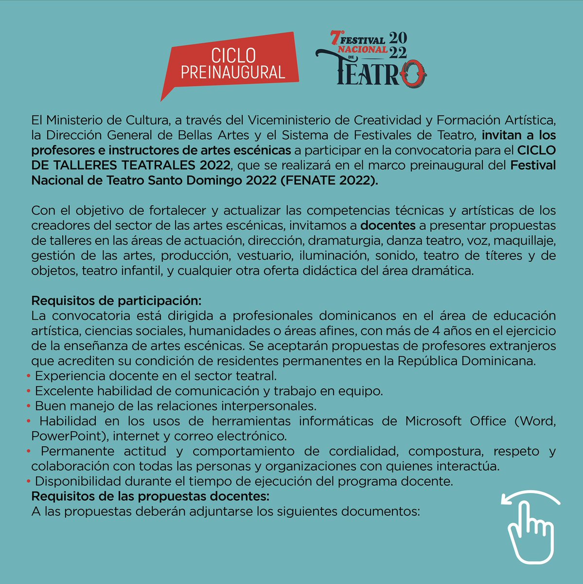 MiculturaRD's tweet photo. ¡Esto es un llamado para los creadores en artes escénicas! 🎭 

Para el período previo a la inauguración del 7.º Festival Nacional de Teatro estamos buscando formadores que expongan sus propuestas creativas para desarrollar talleres en el área teatral. 

#MinisteriodeCulturaRD https://t.co/XkL9q1gch0