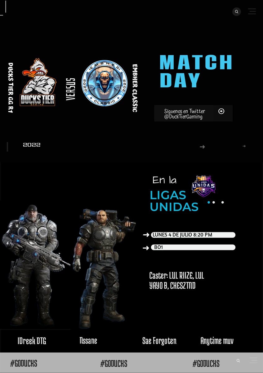 Se viene 🔥🤝🏻🦆
Enfrentamiento de la Noche
🆚 <a href="/vEMBHER/">Vem Bher</a> en las <a href="/LigasUnidas/">Ligas Unidas de Latinoamerica</a> en punto de las 8:20 PM
Contra nuestros chicos del Roster 1

🦆<a href="/NsaneCHINO/">Nsane</a>
🦆<a href="/IDreek_01/">Alejandro</a>
🦆<a href="/AnyTimeAM/">ًP</a>
🦆<a href="/Erick_Forgotten/">Forgo</a>

#GODUCKS

Caster <a href="/RiizeI/">🦄 Riize Oficial 🦄</a> <a href="/LuLYayoB/">Yayo Bautista</a> @CheszTnd