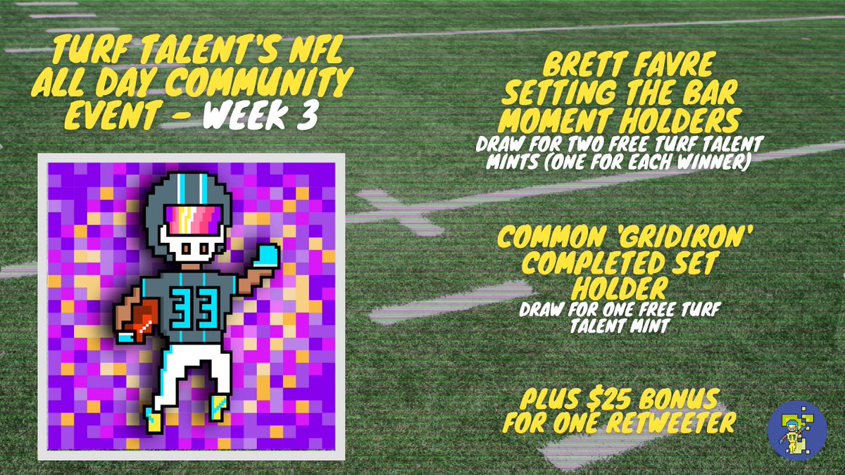 TurfTalentNFT's tweet photo. WEEK 3!!! And this week we’re going back in time 😏 keep the utility ROLLING!

Showing some love to the HISTORIC NFL All Day collectors 🤝🏈

And by simply retweeting this tweet, you might end up with a $25 banquet on us 😉

This weeks form 👇🏻🔥
https://t.co/73fqkPt3R7 https://t.co/6OlFqFs4M8