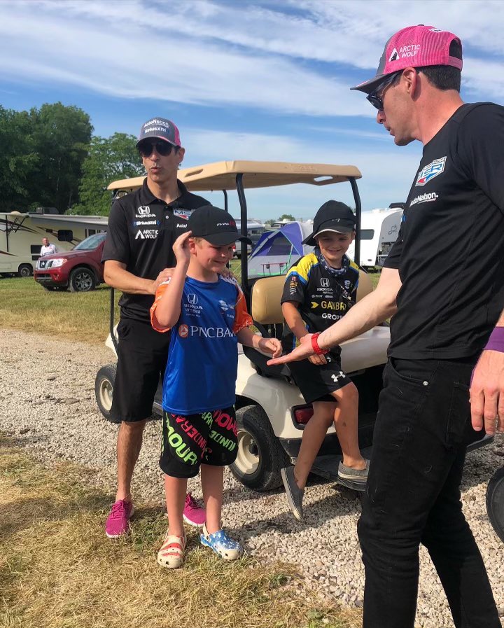 NotSoRossi's tweet photo. Thanks to @MeyerShankRac @h3lio @simonpagenaud for the campsite visit! Pink merch is on order. @Mid_Ohio #Honda200 https://t.co/5dbAd0WQNA
