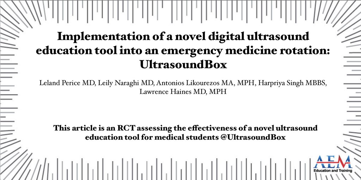 AEMETOnline (@aem_etonline) on Twitter photo This article is an RCT assessing the effectiveness of a novel ultrasound education tool for medical students <a href="/UltrasoundBox/">Ultrasound Box</a> @Periceleland #POCUS
onlinelibrary.wiley.com/doi/10.1002/aeโฆ This article is an RCT assessing the effectiveness of a novel ultrasound education tool for medical students <a href="/UltrasoundBox/">Ultrasound Box</a> @Periceleland #POCUS
onlinelibrary.wiley.com/doi/10.1002/aeโฆ