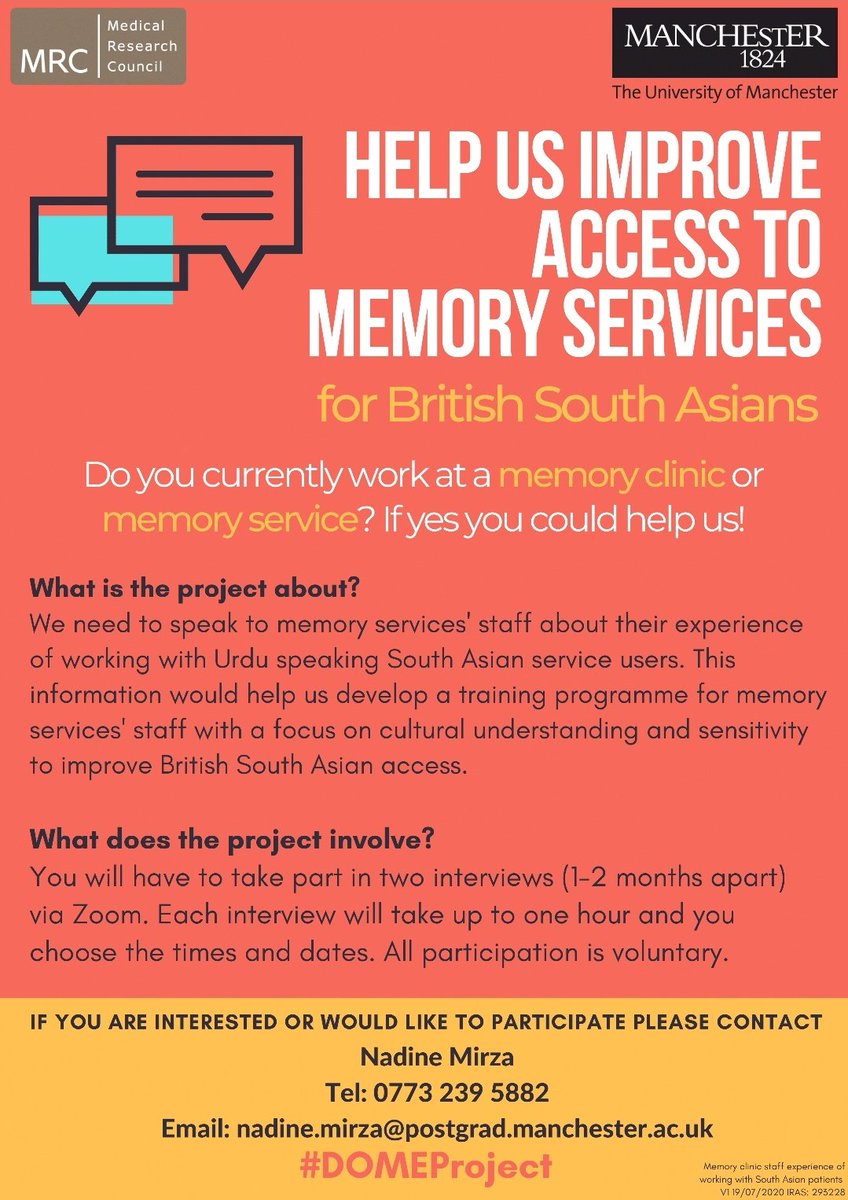 Work in North West #memoryclinic? Please help w/ #DOMEProject!

Drs,nurses,therapists,psychs, admin-all welcome!Take part in interviews on cultural sensitivity in #MAS!

Priority:Oldham,Stockport,Salford,Bolton,Wigan,Central&amp;Pennine Lancs but all NW welcome! Please get in touch!