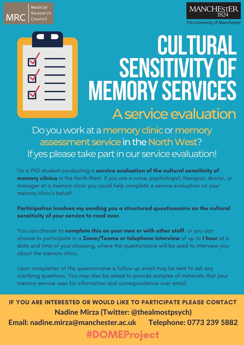 Also take part in #DOMEProject #serviceevaluation which informs interviews&amp; acts as audit of services' cultural accommodations!

Priority:Bury,Rochdale,Tameside,Trafford&amp;North Manc but all NW #memoryclinics welcome.

Many ways to take part-get in touch to pick what works for you!