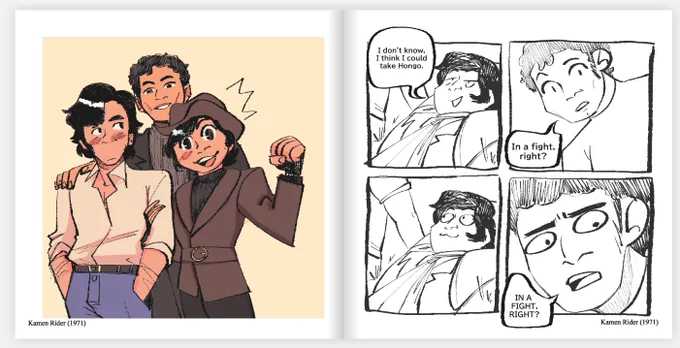 the almost 30 page zine I've been piecing together full of silly showa toku drawings is finally sent off to the printer *collapses* Enjoy these 2 pages from the preview 