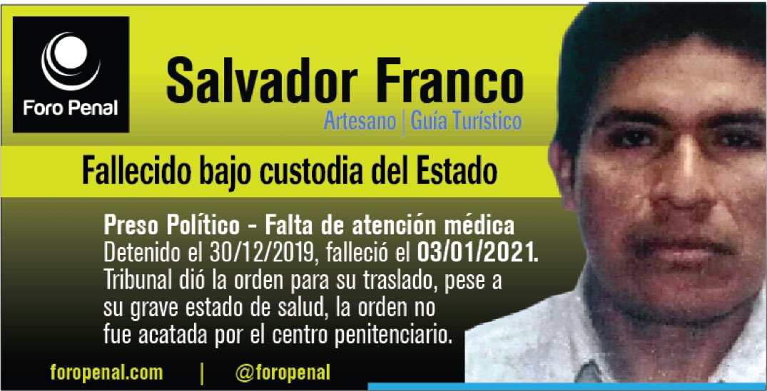 WellingMichael's tweet photo. #3Jl Today we remember the death, in state custody, of the political prisoner 𝗦𝗮𝗹𝘃𝗮𝗱𝗼𝗿 𝗙𝗿𝗮𝗻𝗰𝗼 , which occurred on 01/03/2021.
 let's not forget #QueSeHagaJusticia
 #Venezuela
 More info about your case at: https://t.co/tkvDkmhKnc @ForoPenal https://t.co/2zPv7hG4iE