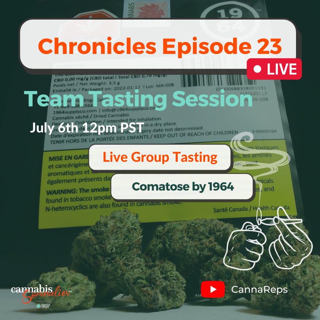 Chronicles 23: Team Tasting Session

This Wednesday, July 6th at noon pst, join our friendly community of cannabis sommeliers for a live and interactive tasting of Comatose by 1964 Supply Co:
Join us on Youtube or you can join us live via zoom:
us06web.zoom.us/j/81185562214?…