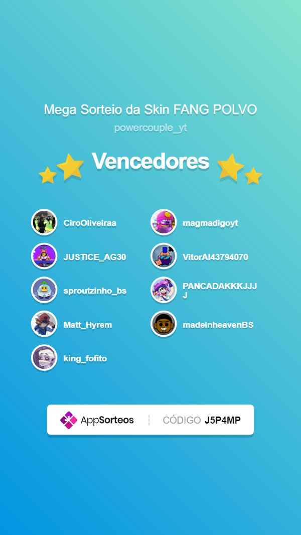 powercouple_yt's tweet photo. SAÍRAM os GANHADORES da Skin do Fang Polvo!!!
Parabéns, @CiroOliveiraa, @magmadigoyt, @JUSTICE_AG30, @VitorAl43794070, @sproutzinho_bs, @PANCADAKKKJJJJ, @Matt_Hyrem, @madeinheavenBS, @king_fofito! Entraremos em contato com vocês dia 06/06 via DM para passar o prêmio! #BrawlStars https://t.co/shDGbCYyzA