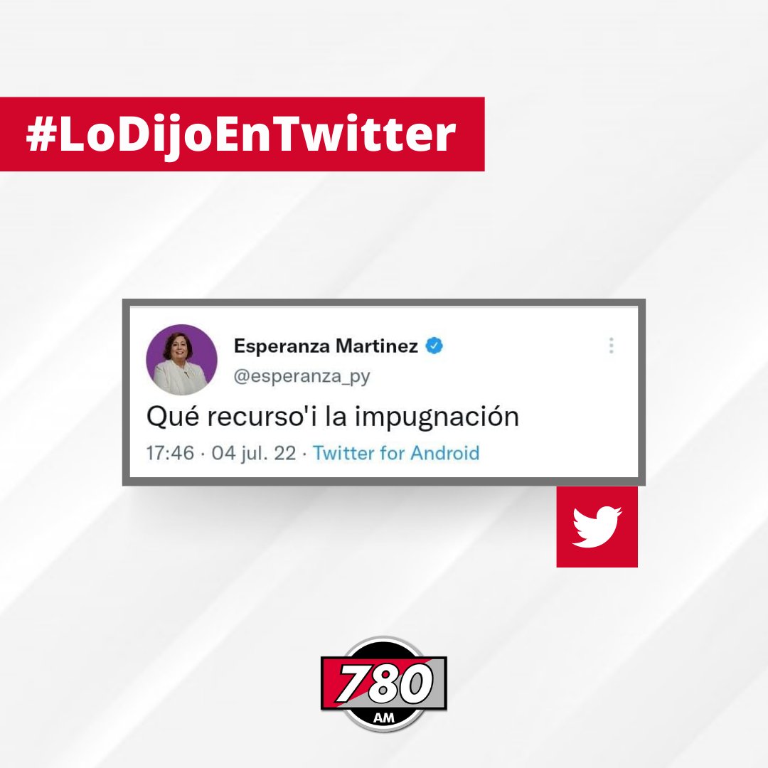 780AM's tweet photo. #LoDijoEnTwitter📣 |

🗣️Ante el pedido de impugnación de la ANR contra uso del padrón nacional por parte de la Concertación, la senadora @esperanza_py calificó el hecho de "recurso'i"

#780AM https://t.co/3cbh6chl6d