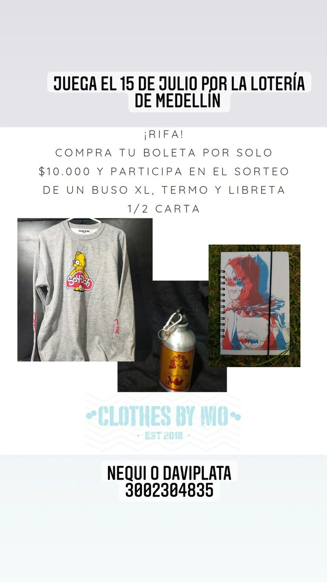 solo_compras's tweet photo. Hola! Rifa para cubrir algunos gastos en cada debido a que no tenemos trabajo. Estamos sorteando un suéter de los Simpsons XL, un termo en aluminio metalizado (3 motivos) y una libreta 1/2 carta (8 motivos). Vale solo $10.000 https://t.co/FwepjjD2kC