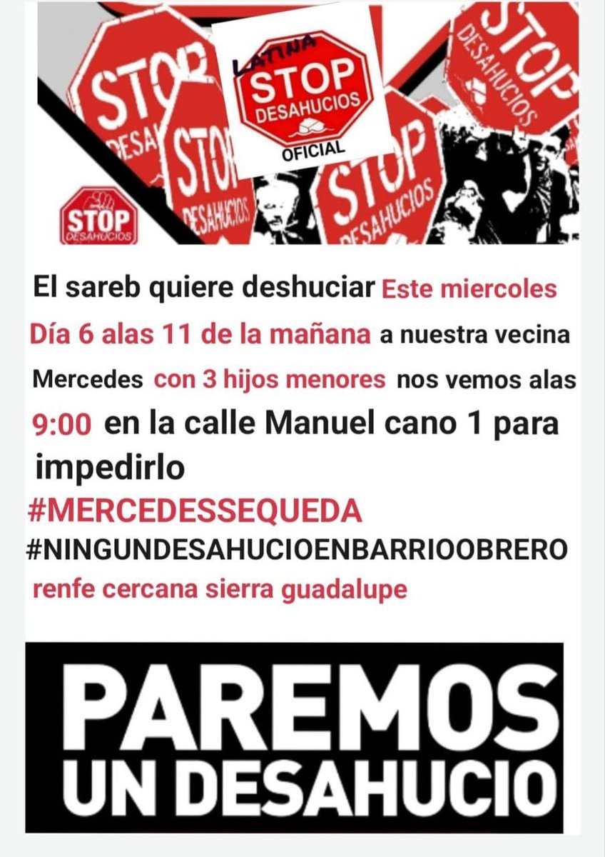 ⚠️ATENCIÓN⚠️

#StopDesahucios
Miércoles, 6 de julio. 09:00hs.
C/Manuel Cabo, 1. RENFE cercana Sierra Guadalupe. 

#MercedesSeQueda

<a href="/SDLatina/">Stop Desahucios Vivienda Latina</a>
