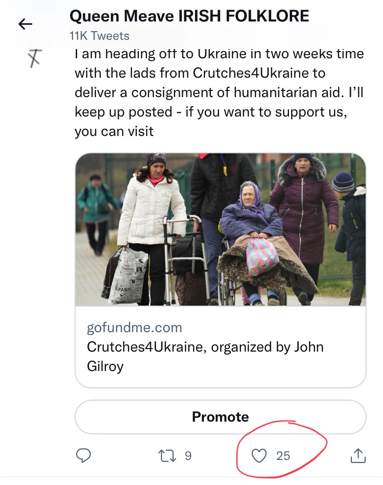 Ah Twitter! you are better than this. A delivery of humanitarian aid to Ukraine 25 likes, 0 comments; a picture of a ‘yard brush’ 750 likes and 562 comments