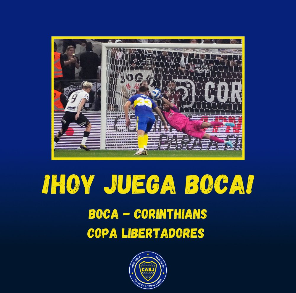 AquiBoca's tweet photo. 🏆 HOY JUEGA BOCA 🏆

Desde las 21:30, #Boca enfrenta a #Corinthians en #LaBombonera en busca de continuar su camino en la #CopaLibertadores.

#HoyJuegaBoca 💙💛💙 https://t.co/V63xFsq5ir