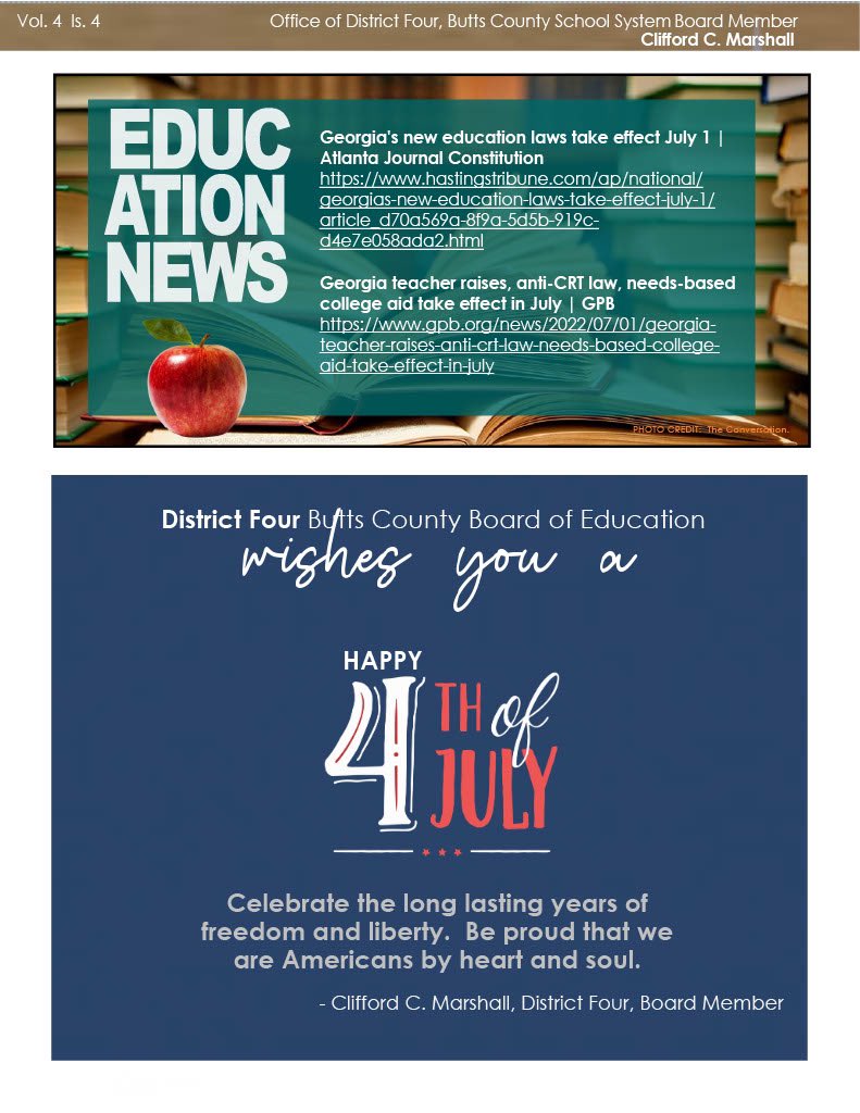 MarshallD4Butts's tweet photo. #JULY issue of the District Four Butts County Board of Education #Newsletter @ButtsCoSchools #BCSS #ButtsCounty #JacksonGA #Georgia 👉  for your perusal #RT #TeamFollowBack *shares* https://t.co/HKkSGXWNCx