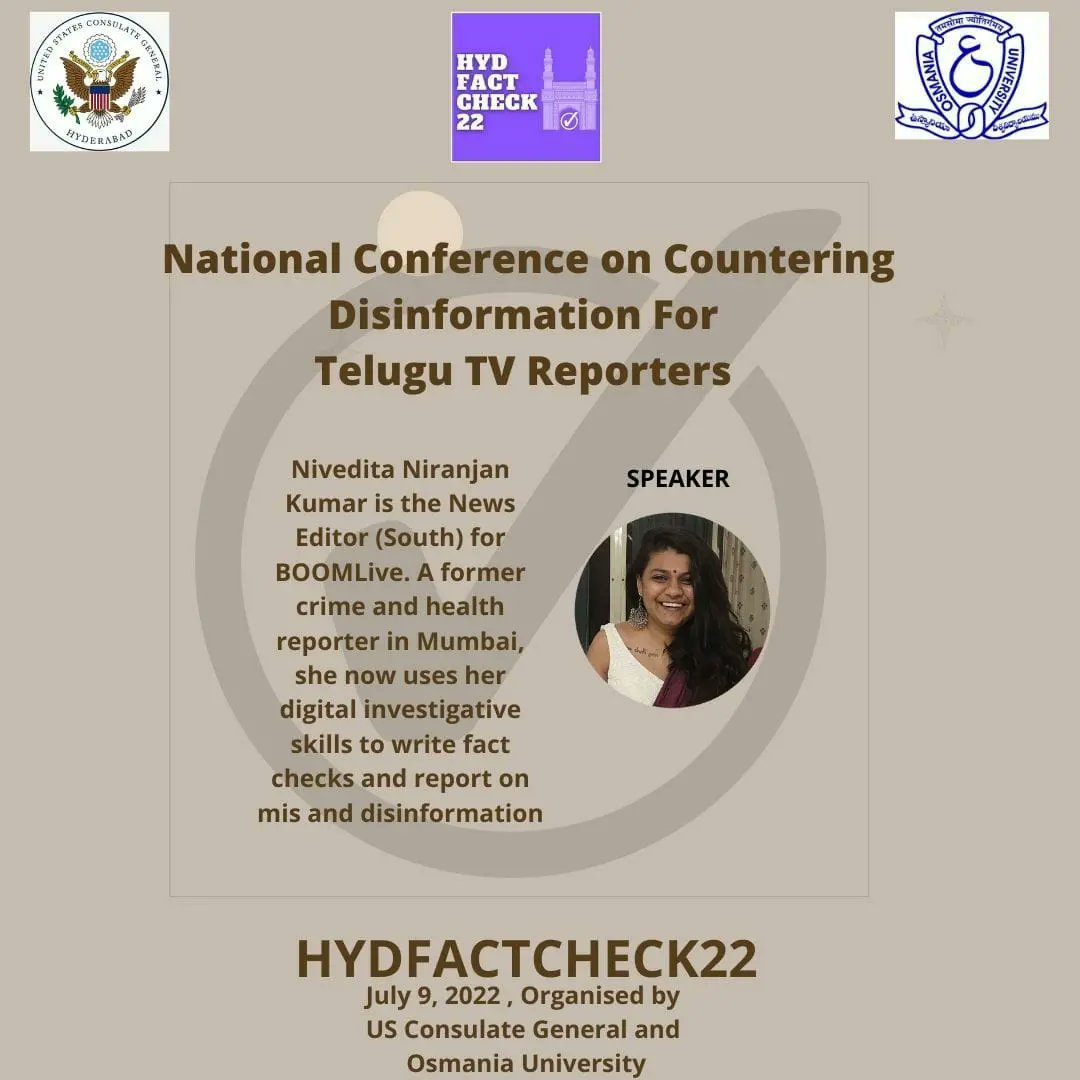 Narengaddam's tweet photo. The Osmania University Journalism Department, in association with US Consulate General Hyderabad, is organizing one-day National Conference on 'Countering Disinformation for Telugu TV Reporters' on July 9.

#USHYDOUfactcheck22 
#Hydfactcheck22 #FactCheck #factchecking #journalism https://t.co/cTmshq0rk1