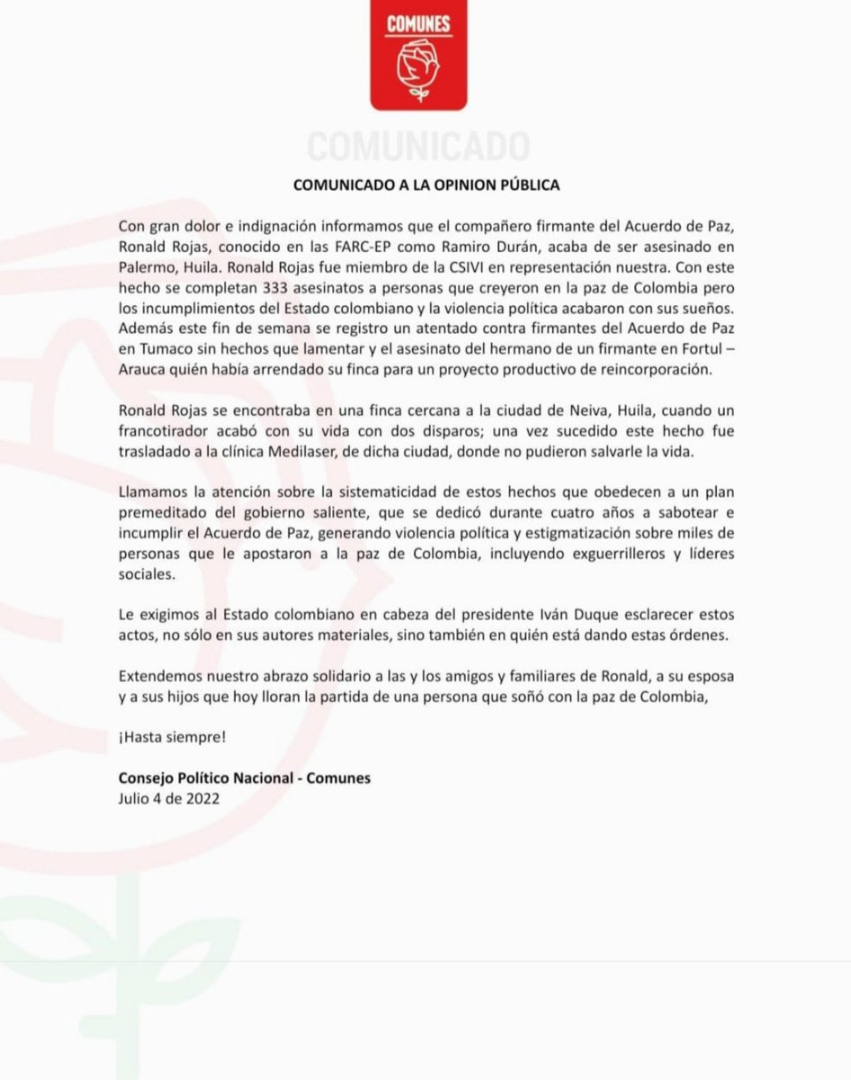 MaraMndez1's tweet photo. Comunicado del Consejo Político Nacional de @ComunesCoL sobre el asesinato al firmante de Paz @Ronald_RojasR https://t.co/E25fPEutnl