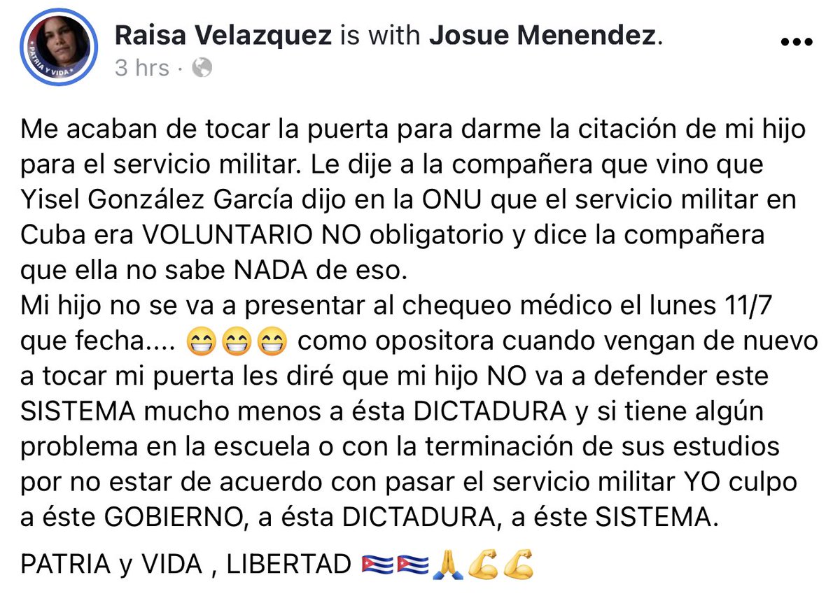 YanEstradax's tweet photo. 🇨🇺 | Si los funcionarios del Ministerio de Relaciones Exteriores - @CubaMINREX dicen la verdad en la @ONU_es; Raisa, una cubana opositora al @PartidoPCC, está en todo su derecho de impedir que su hijo sea enlistado en un Servicio Militar voluntario. https://t.co/LbtI6cp3m8