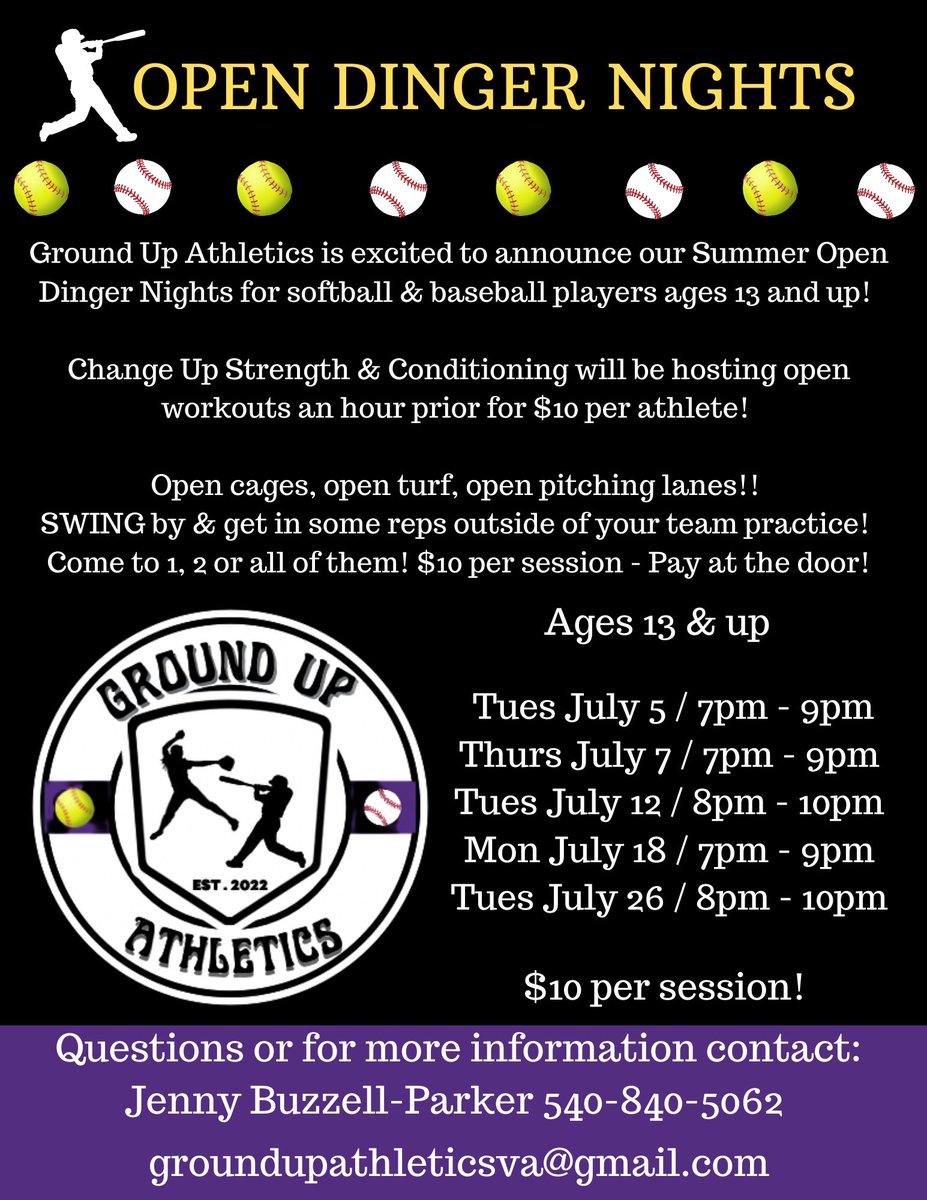 Excited to 📢 Open Dinger Nights for 🥎 and ⚾️ &amp; Summer Fit Nights!

💪🏼 Want extra reps outside of team practice? Got goals &amp; want to 🥊 the clock in the cages? Wanna get quicker, faster, stronger? Jump in for a session or a few and ✅ out the great things we have going on!!