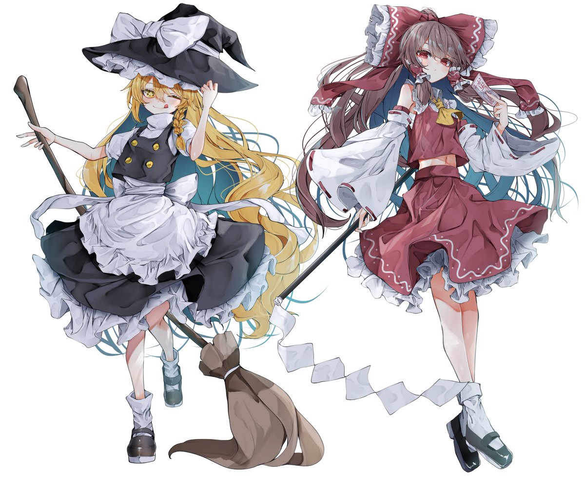 hakurei reimu ,kirisame marisa multiple girls 2girls long hair hat bow witch hat blonde hair  illustration images