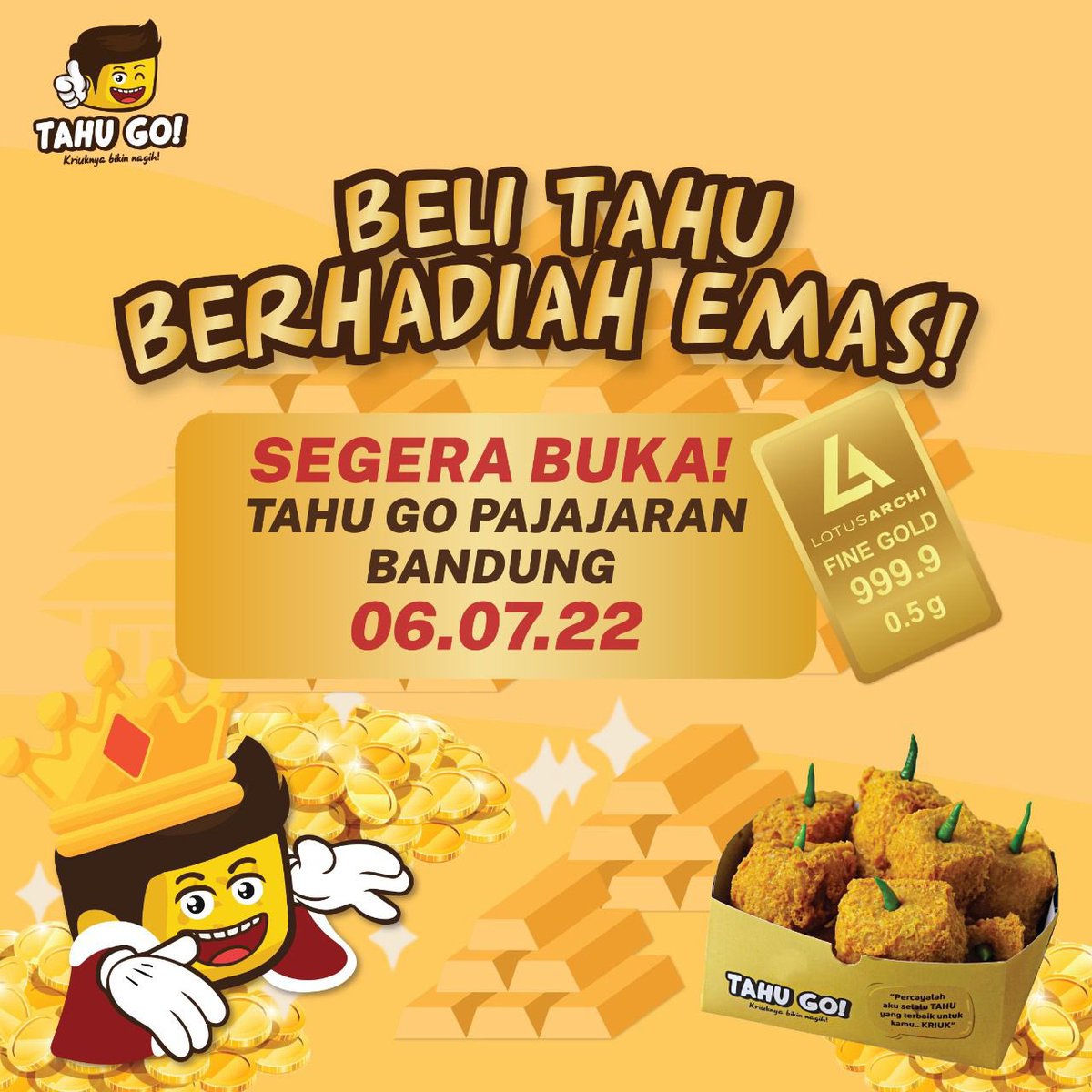 infobandung's tweet photo. BELI TAHU DAPET EMAS! DIMANA LAGI SELAIN DI TAHU GO?
Segera buka Tahu Go , Indomaret pajajaran 73 Bandung dapatkan berbagai macam hadiah Emas 0.5 Gram , Ovo Rp 50.000 & Free Tahu Go! Khusus pembelian di outlet pajajaran.
#Tahugo #Tahugoreng #Tahugobandung https://t.co/xGNBUIO1JY