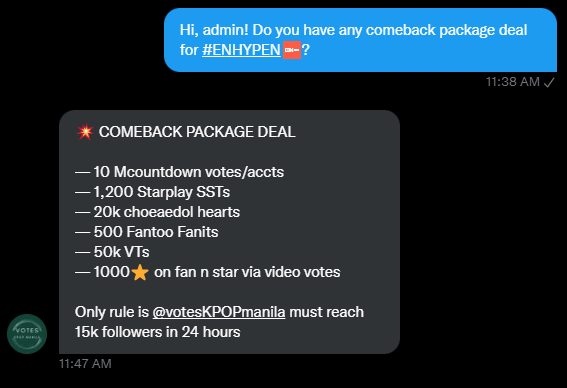 ⚠️ COMEBACK PACKAGE DEAL 
🎯@votesKPOPmanila must reach 15k followers!!

— 10 Mcountdown votes/accts
— 1,200 Starplay SSTs
— 20k choeaedol hearts
— 500 Fantoo Fanits
— 50k VTs
— 1000⭐ on fan n star via video votes

⏰24 HOURS⏰
