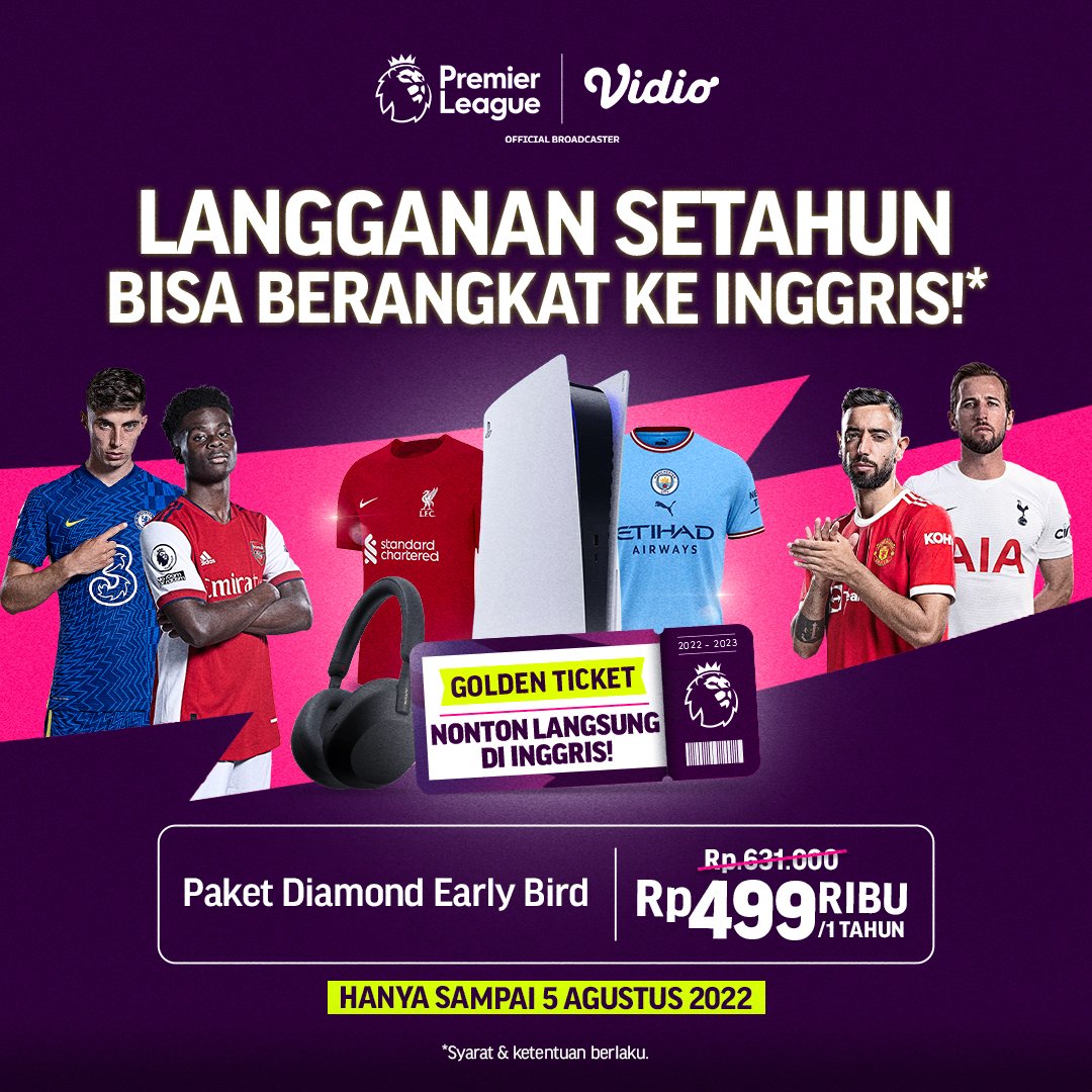 vidio's tweet photo. 🔥 PAKET LIGA INGGRIS AKHIRNYA HADIR 🔥
Beli paket Diamond early bird dengan harga spesial hanya Rp. 499.000/tahun dan dapatkan kesempatan nonton langsung liga Inggris!! Berlaku sampai 5 Agustus 2022, Yuk langsung berlangganan! #SemuaAdaDiVidio #LigaInggrisDiVidio