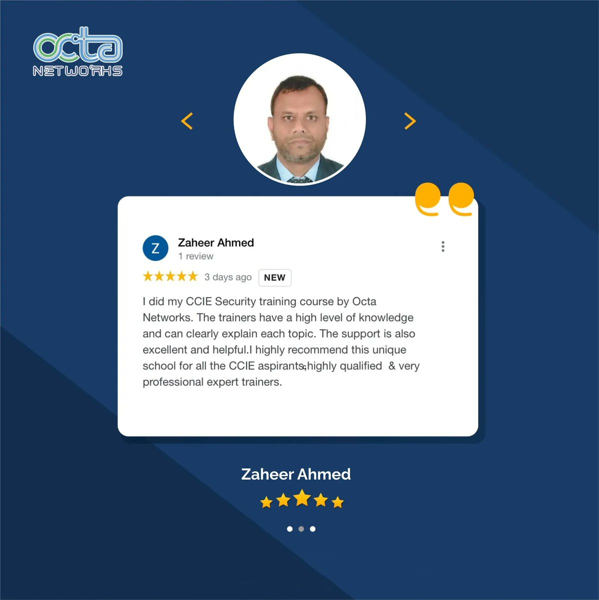 OctaNetworks's tweet photo. Seeing your students happy is a wonderful achievement.
Mr. Zaheer Ahmed shares his review on CCIE training at Octa Networks!
#octanetworks #CCNA #CCNP #CCIE #cciebootcamp #ccietraining #cciepreparation #cciesecurity #cisco #computernetworking #itinstitute https://t.co/TCY5ATJ0mM
