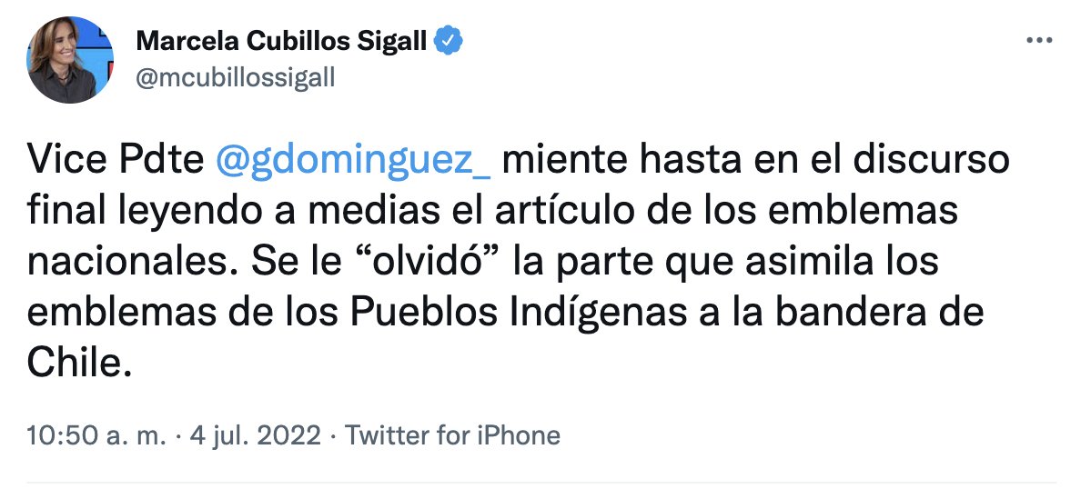N_PrensaCL's tweet photo. 🔴 FACT-CHECKING: Exconvencional @mcubillossigall afirma que la nueva Constitución "asimila los emblemas de los Pueblos Indígenas a la bandera de Chile". Dicha afirmación es falsa. https://t.co/vpKBftX2pU