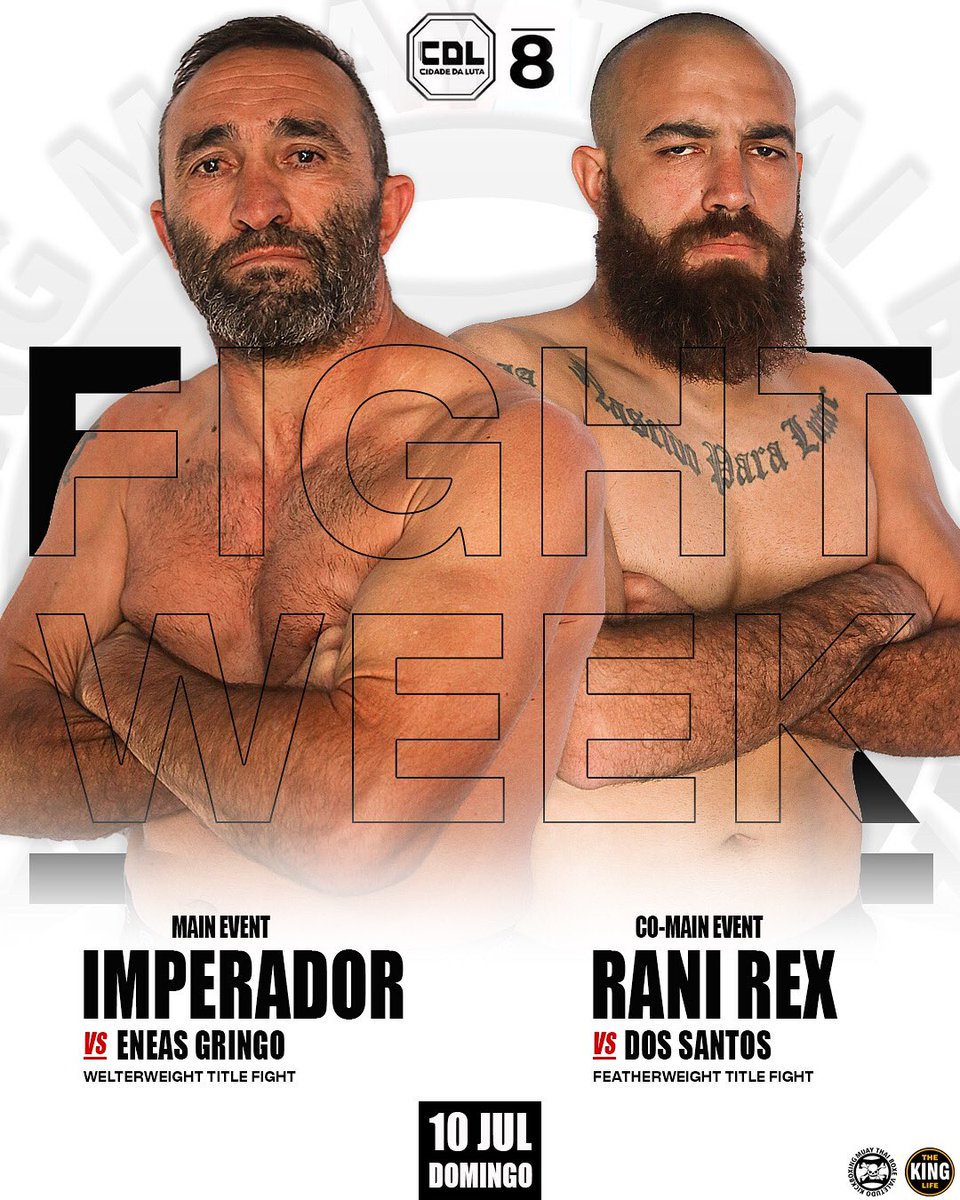 zenidimbrasil's tweet photo. 𝐅𝐈𝐆𝐇𝐓 𝐖𝐄𝐄𝐊 histórico! 🏆🔥🏆

Pai e Filho não só estrelam no Main e Co-Main Event, como disputam os cinturões Peso Meio Médio e Peso Pena do #CidadeDaLuta . 

[ @PAULOBUENO565 - #RaniRex | #CDL8 | Domingo, 10 Julho | Live On PPV ] https://t.co/w8Gq4Qb7Dy